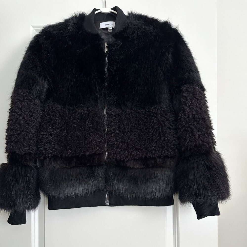 JOHN + JENN Black Mixed Texture Faux Fur Teddy Short Coat Size S